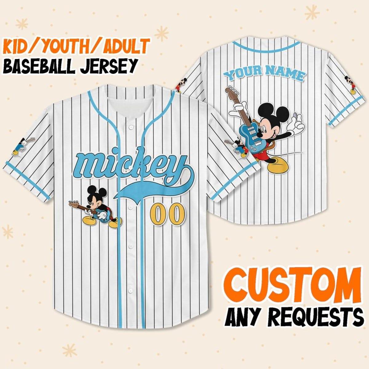 Personalize Mickey Mouse Rock And Roll White Blue Light Baseball Jersey 1