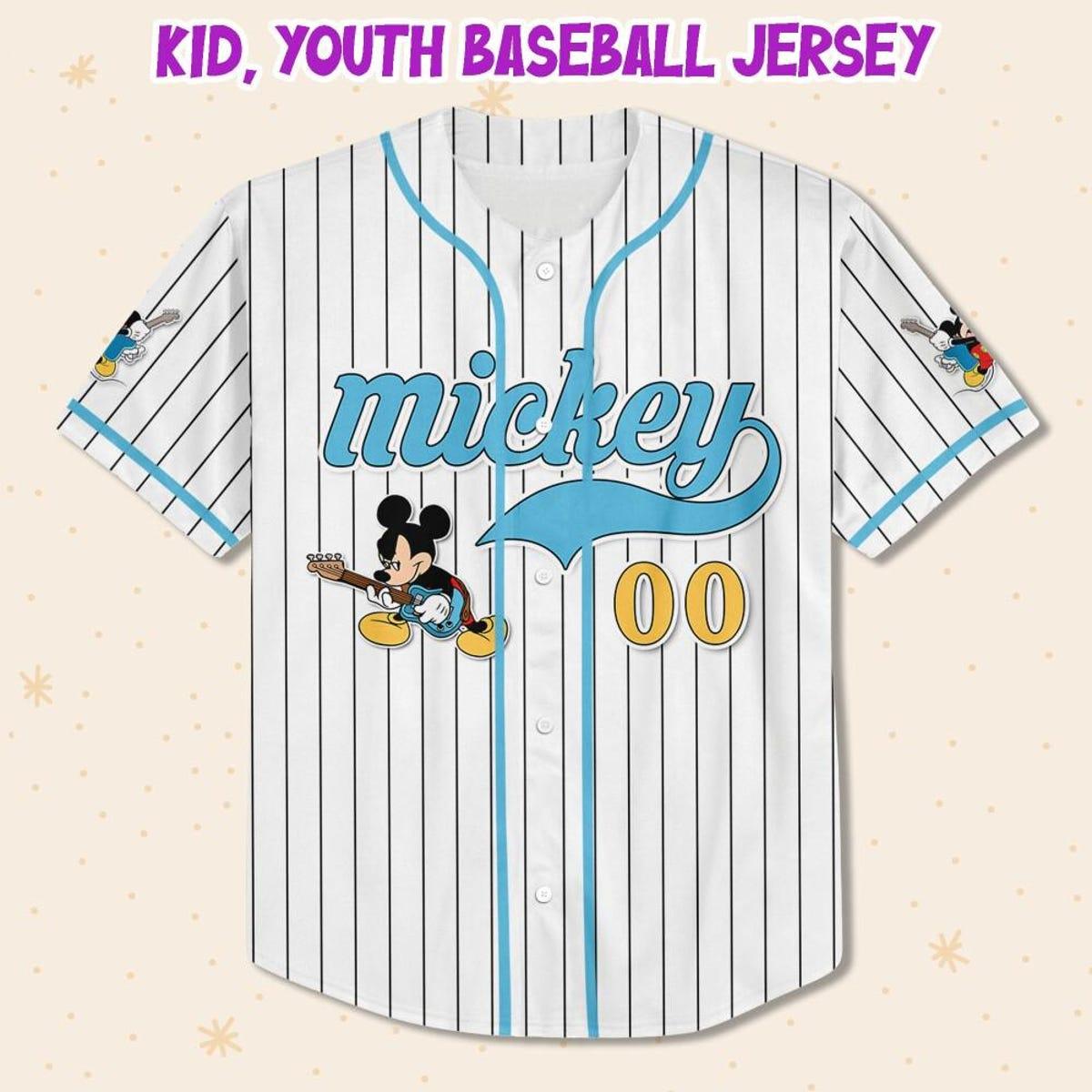 Personalize Mickey Mouse Rock And Roll White Blue Light Baseball Jersey 2