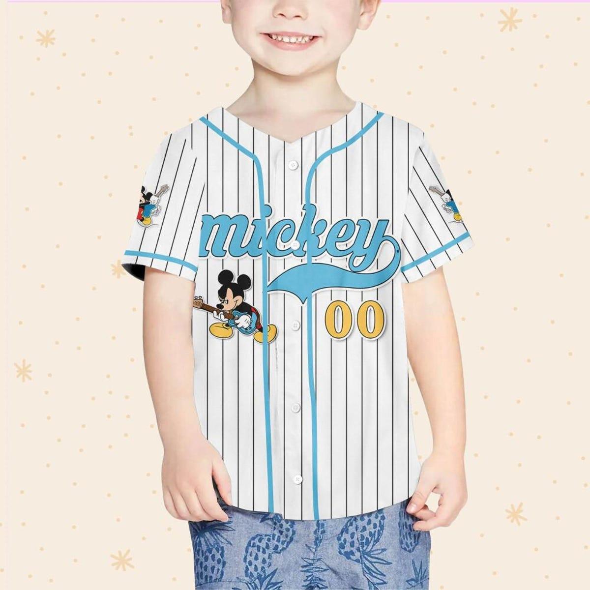 Personalize Mickey Mouse Rock And Roll White Blue Light Baseball Jersey 4